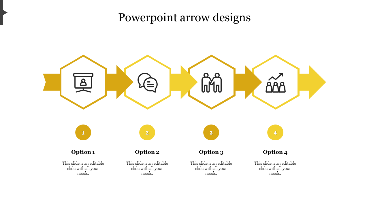 Four step process diagram with yellow arrows and hexagonal icons for structured workflow presentation with placeholder text.