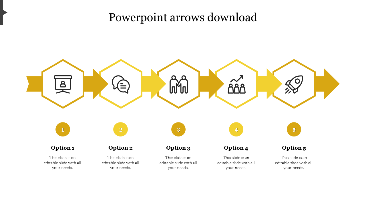 Flow diagram with five yellow hexagonal markers, connected by arrows, featuring business icons and numbered captions.