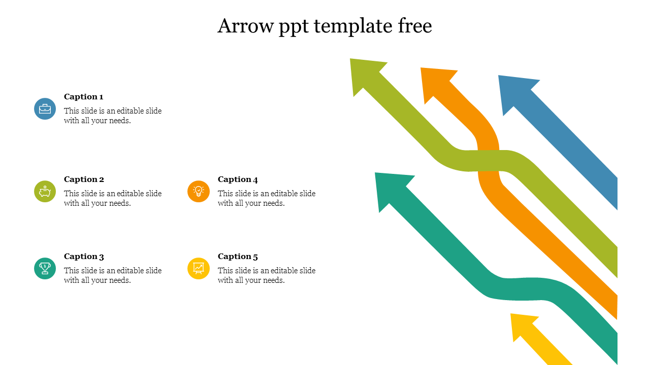 Slide with five colorful arrows pointing in different directions, each linked to captions on the left side.