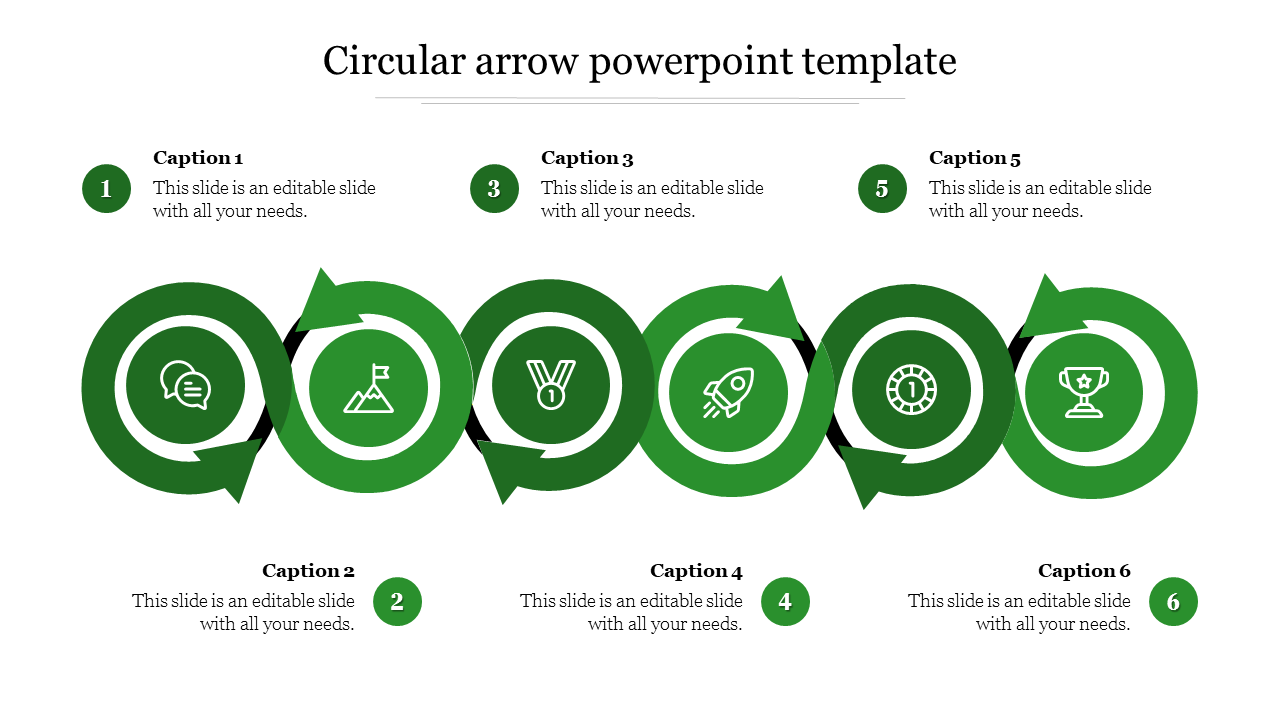 Six green circular arrows forming a cycle, each with an icon symbolizing different stages in a strategy.