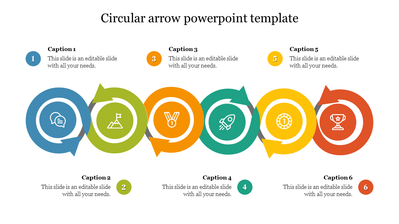 Infographic slide featuring a circular process with colorful arrows and icons for step by step planning with captions.