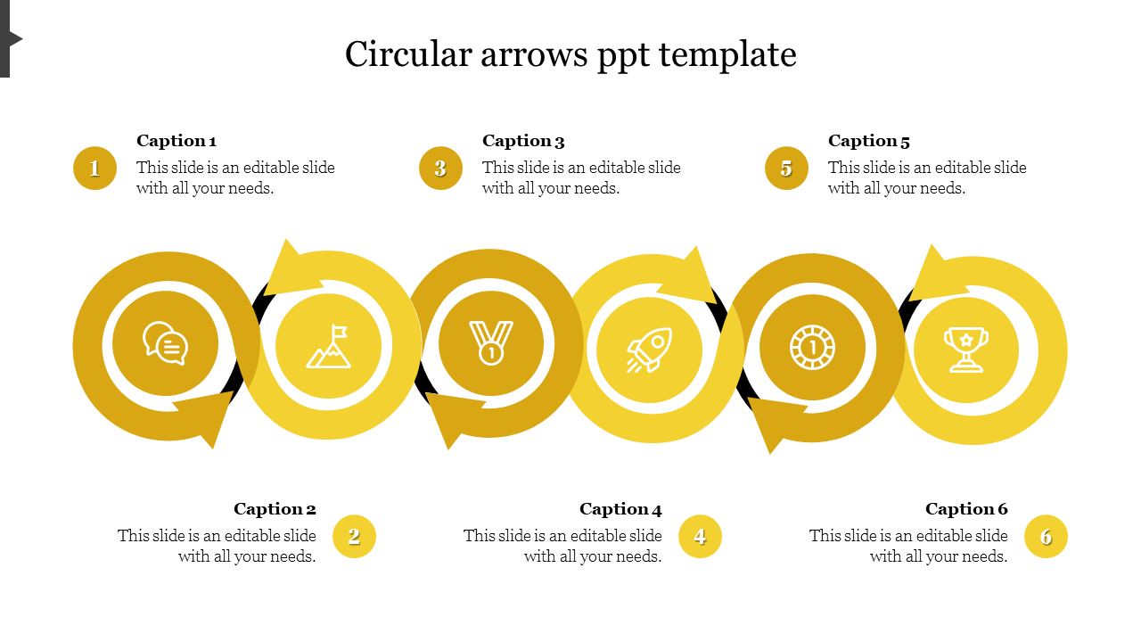 Six yellow arrows in a circular pattern with different icons representing numbered captions on both sides.