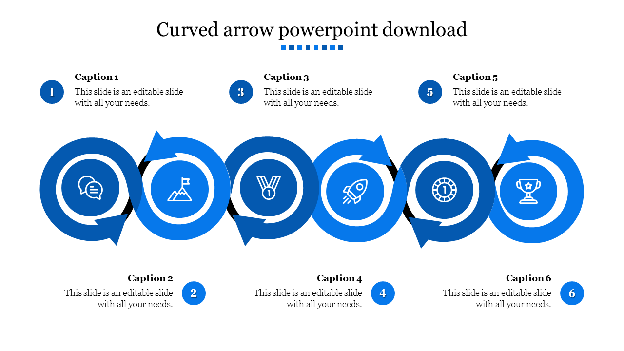 Curved arrow infographic PPT slide with six steps, milestone icons, and captions in blue theme.