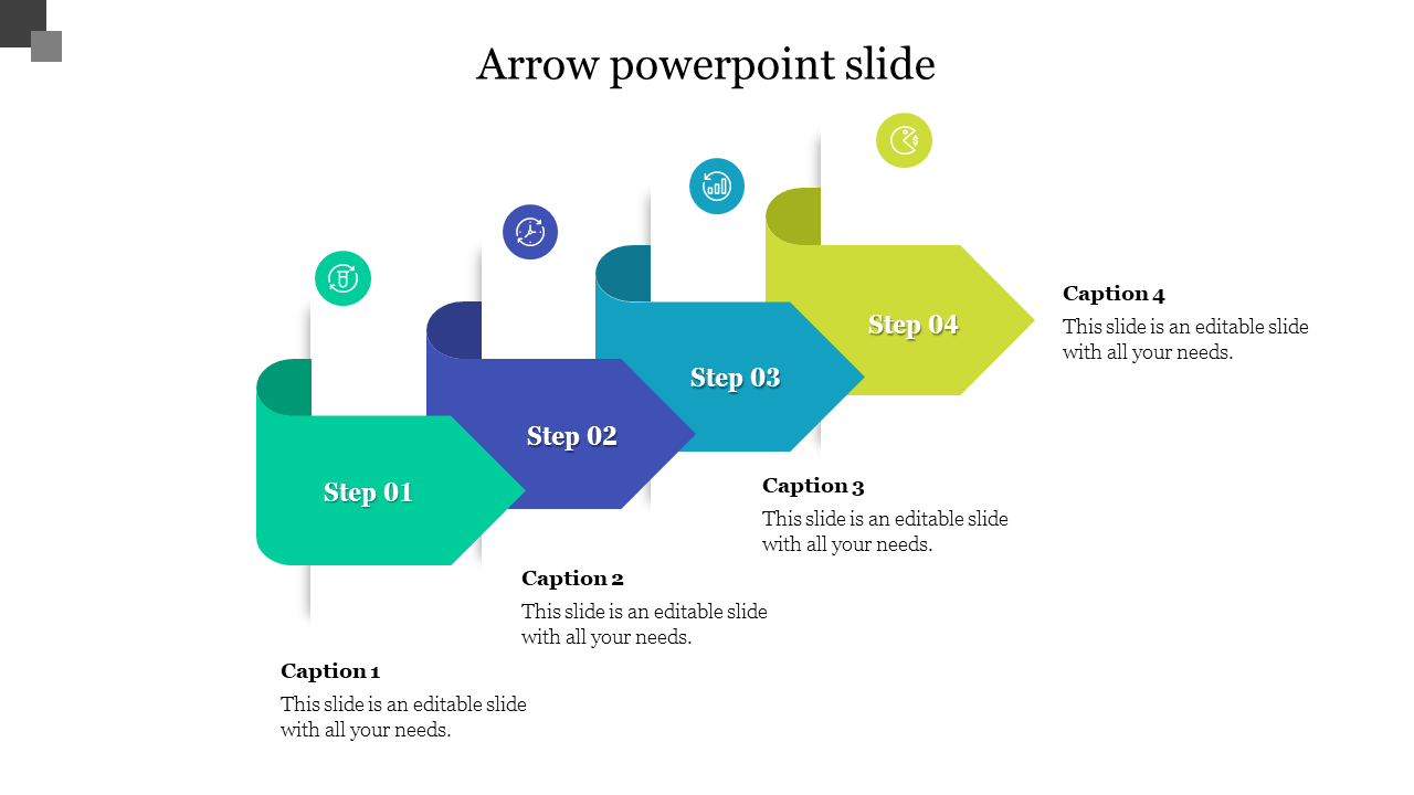 Colorful 3D arrow design PPT slide showing sequential steps with icons and text placeholders.