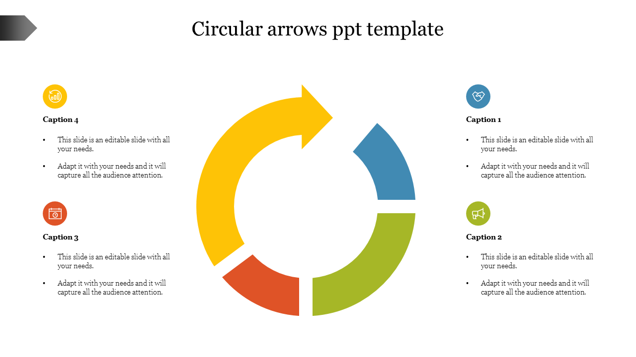 A circular colorful arrows slide featuring four sections with icons and captions.