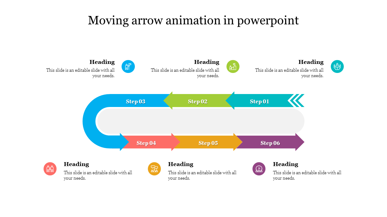 A slide featuring a six step process with animated arrows, each step in a different color, accompanied by icons and headings.