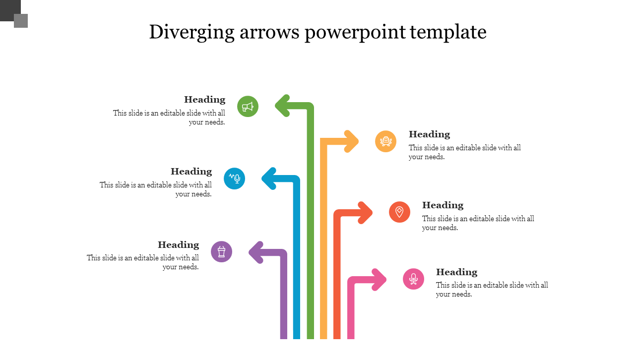 A colorful slide featuring diverging arrows, designed to illustrate multiple pathways with headings for each section.