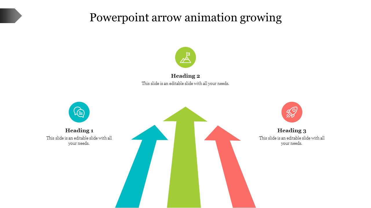 Three colored arrows pointing upward, each aligned with icons and headings for different concepts, like growth and success.