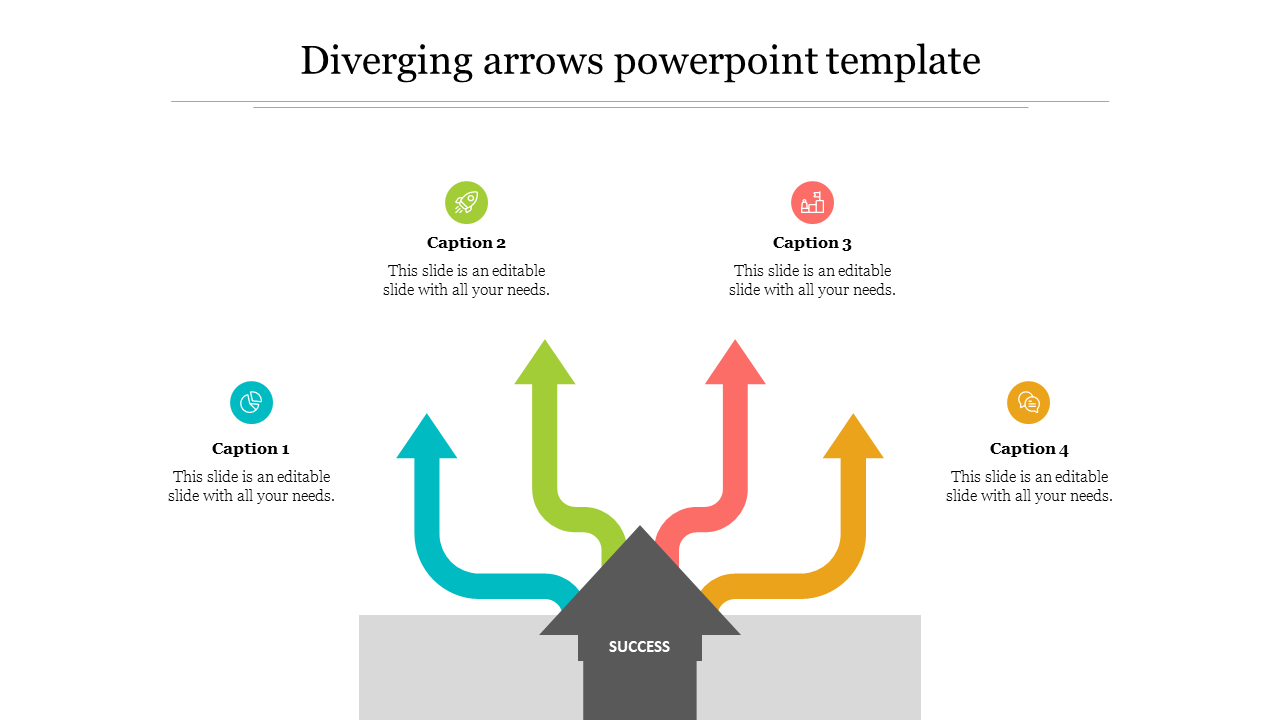 Diverging arrows in teal, green, red, and yellow coming from a gray base pointing upwards, illustrating multiple paths.