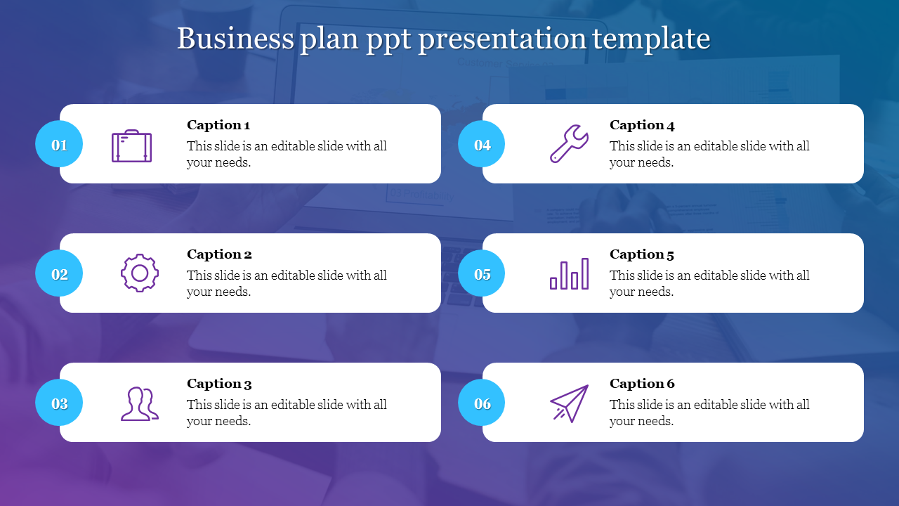 Business slide with six numbered sections in white boxes, each with icons and captions on a purple gradient background.