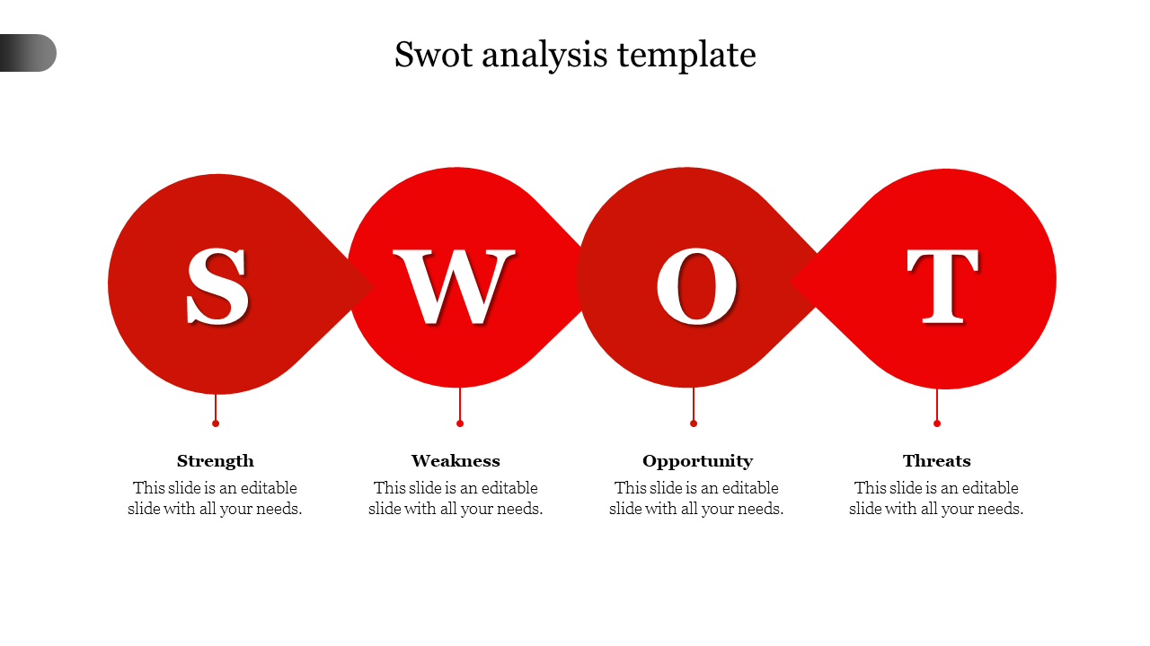 SWOT analysis slide featuring red circular elements labeled strength, weakness, opportunity, and threats, with text space.