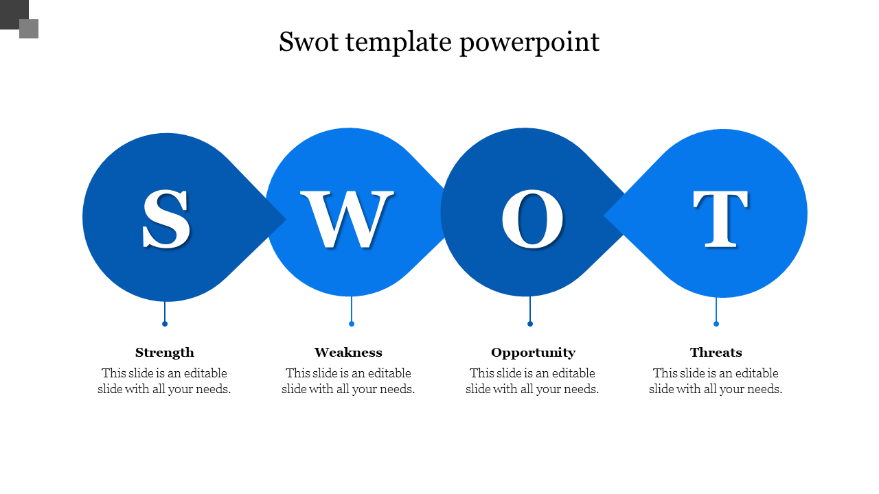 Blue themed SWOT analysis slide format featuring strengths, weaknesses, opportunities, and threats sections with text.