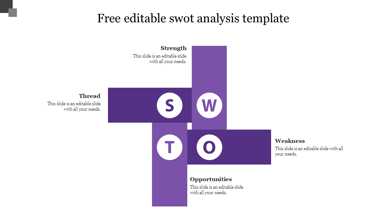 A purple cross shaped layout with four sections for SWOT analysis, each containing a white circle with a letter inside.