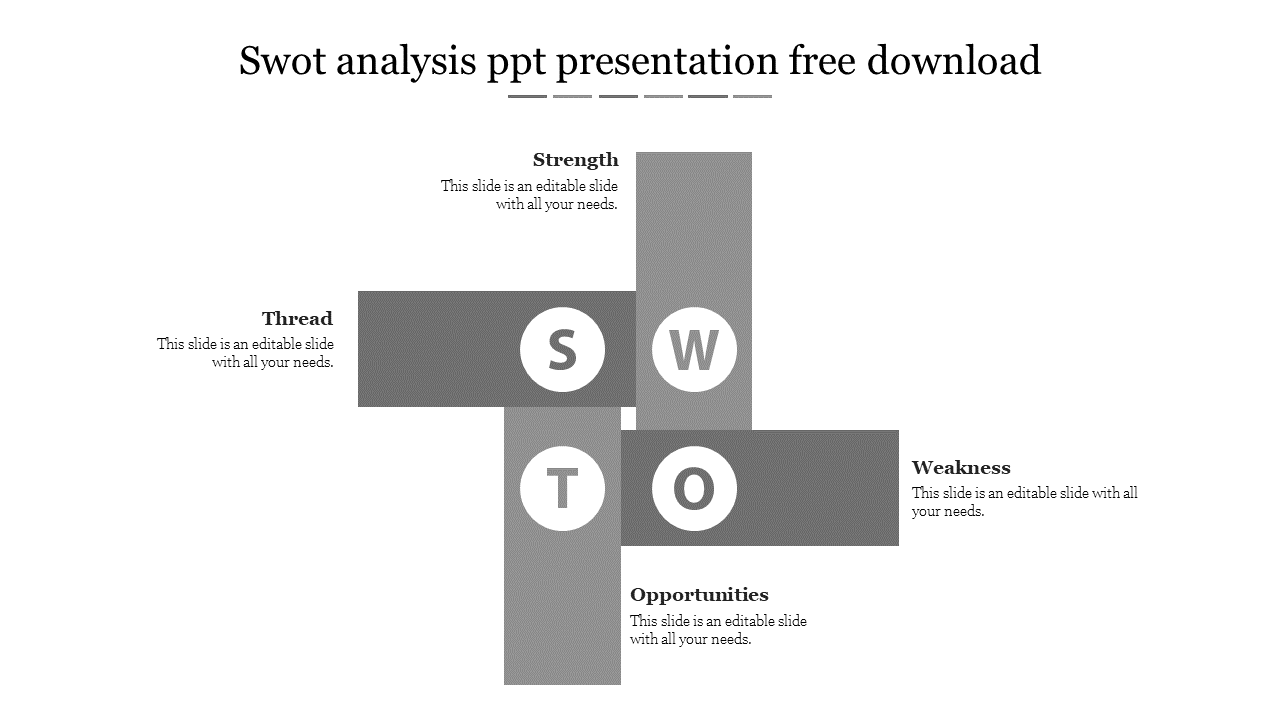 SWOT slide with gray cross shaped layout with four rectangular sections, featuring circular letters in each section.