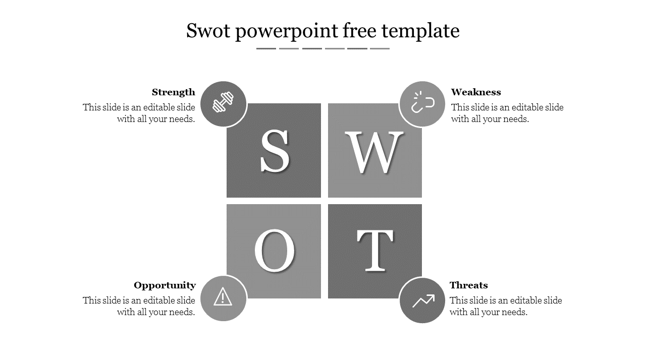 Grey square SWOT analysis PPT slide with labeled sections for strengths, weaknesses, opportunities, and threats with icons.