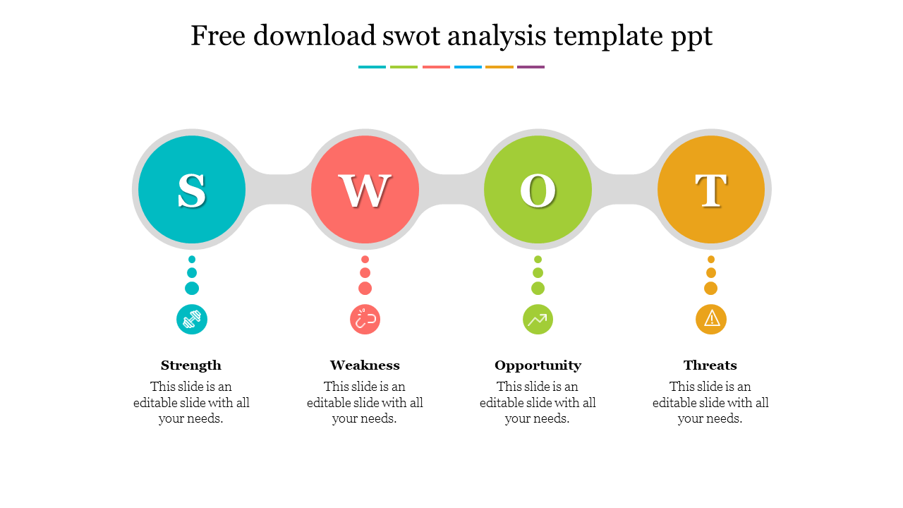 Four colorful circles linked by a gray horizontal bar, each with small icon and captions below.