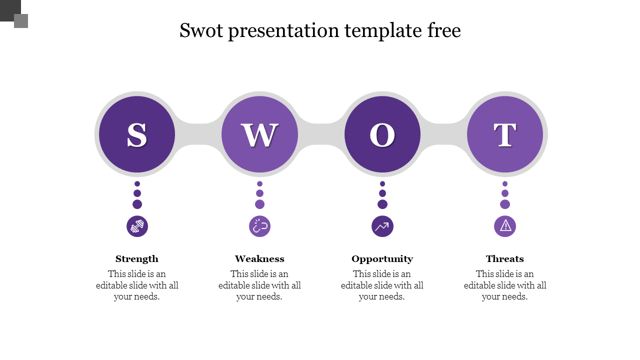 Purple themed SWOT analysis presentation with circular icons for each section and text connected by dotted lines.