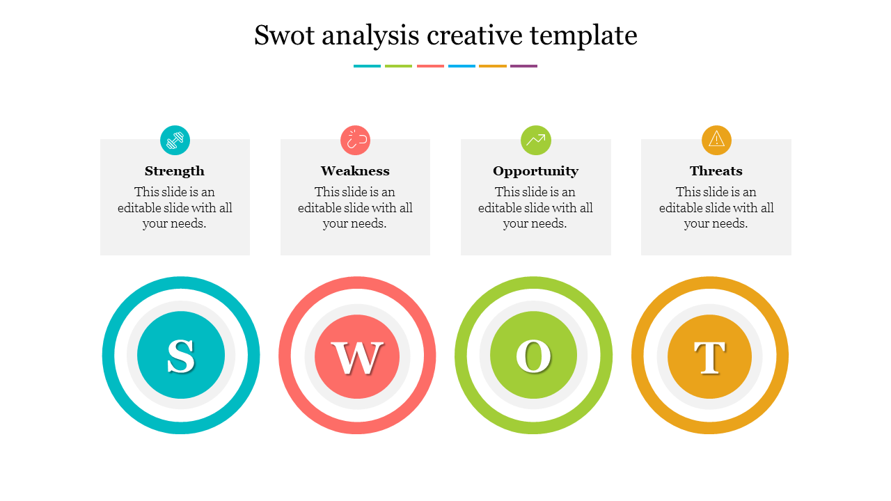 Creative SWOT analysis slide with colored circles in blue, red, green, and orange with labels.