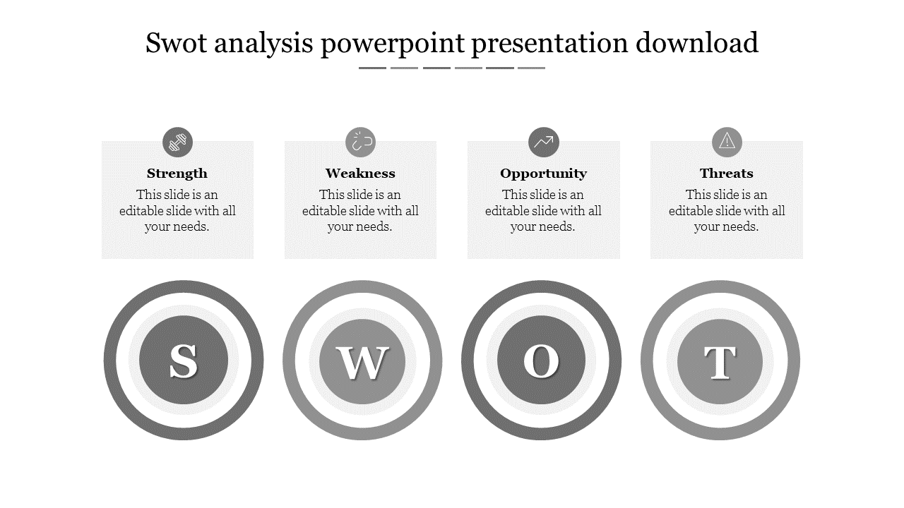 SWOT analysis design with gray circular symbols for each section, connected by text labels above.