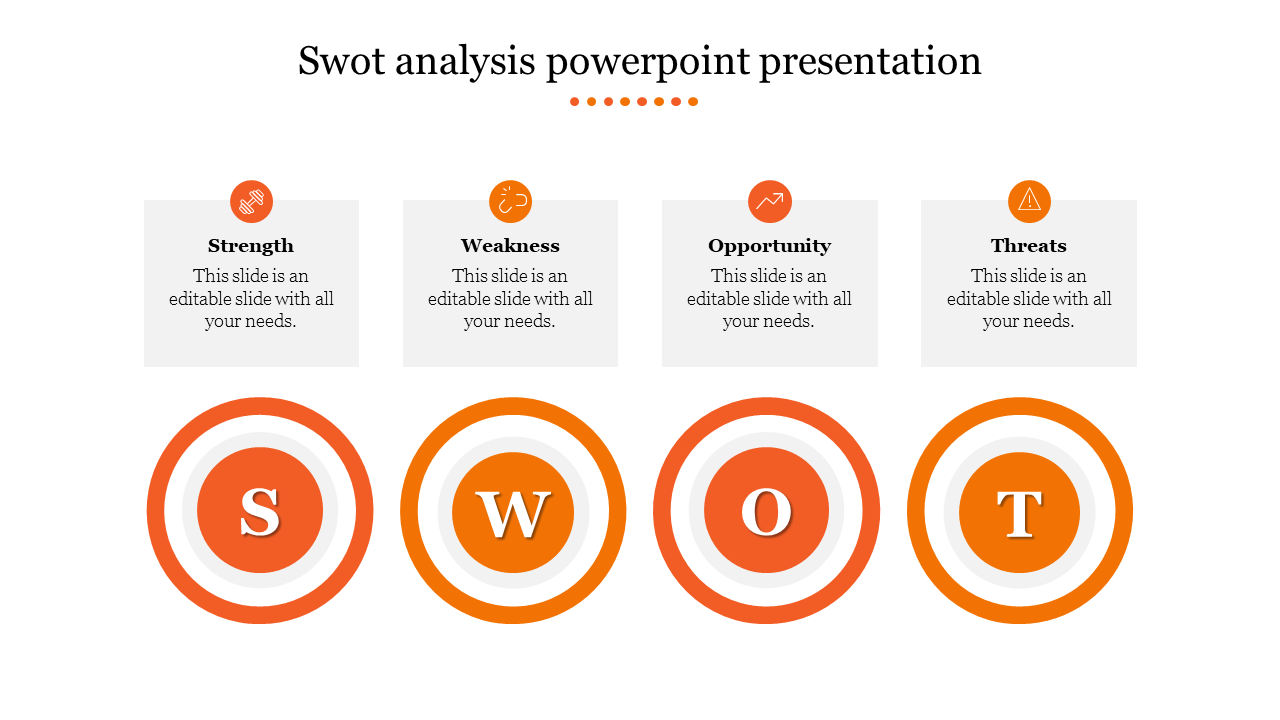 SWOT analysis PowerPoint template with orange circular elements and text boxes with icons on a white backdrop.