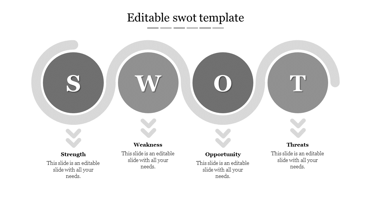 Minimalist SWOT analysis PowerPoint template with grey circular design elements and labeled sections with placeholder text.