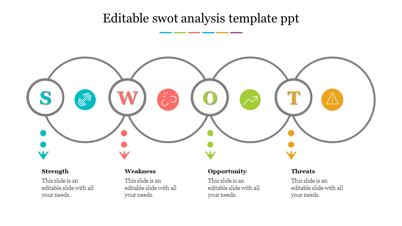 SWOT analysis PPT template with interconnected circles and color coded icons with placeholder text on a white backdrop.