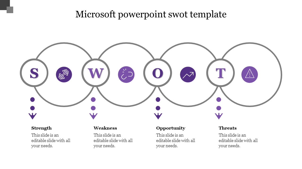 Purple themed SWOT diagram with icons for each category, connected by gray circles and dotted lines.