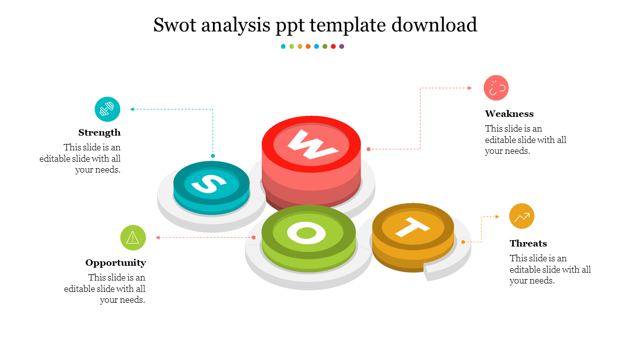 SWOT analysis template with labeled circles from strength to threats, each connected to a placeholder text box.