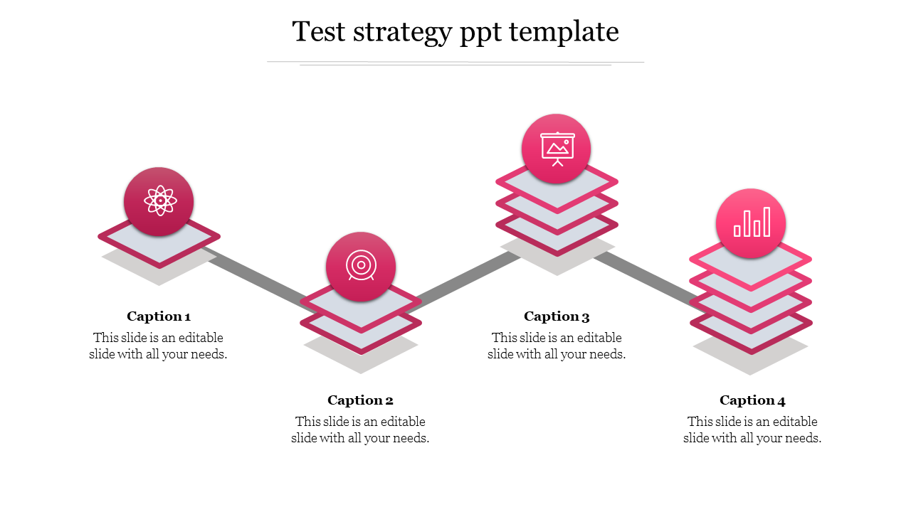 Test strategy slide showing a four step process with pink colored icons representing different stages with text captions.