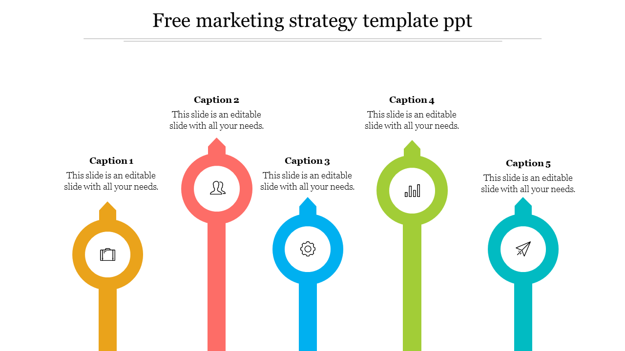 Colorful marketing strategy infographic with five vertical labels in orange, red, blue, green, and teal, each with icons.