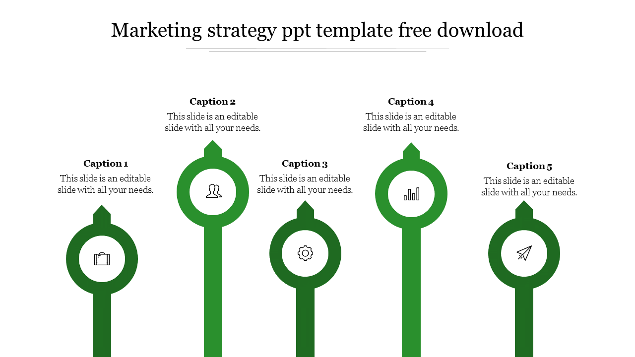 Marketing strategy infographic PPT slide with five vertical elements, green icons, and captions on a white backdrop.