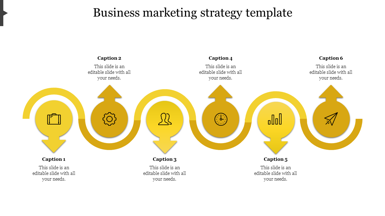 Six yellow arrows and circular icons arranged in a loop, illustrating a business marketing plan.