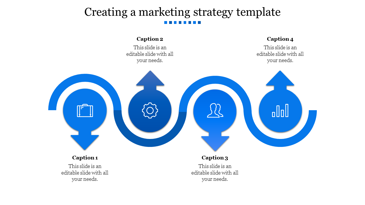 Blue marketing strategy infographic PPT slide with curved arrows, icons, and text fields on a white backdrop.