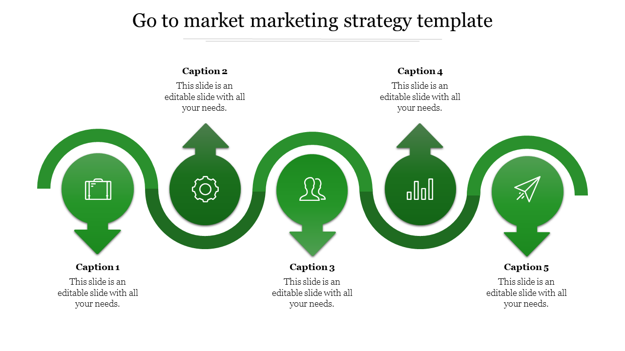 Five pointing down green arrows with circular icons following a curved path, set against a white background.