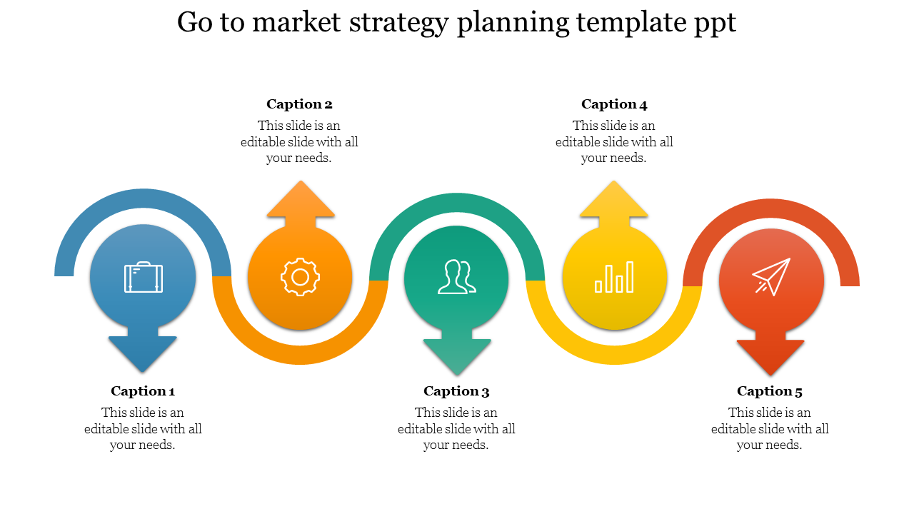 Colorful arrow flowchart slide showcasing steps in go to market strategy planning, with icons and captions for each stage.