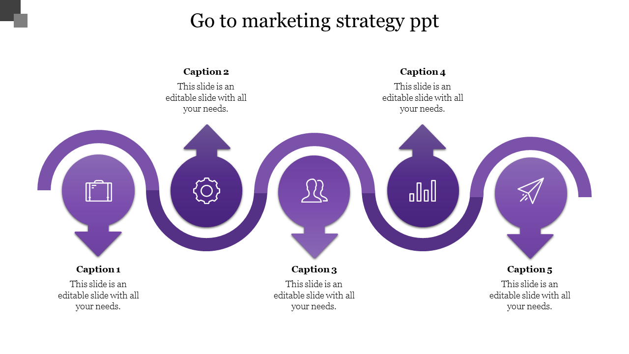 Five purple arrows with icons, arranged in a circular motion, representing different steps in a business strategy.