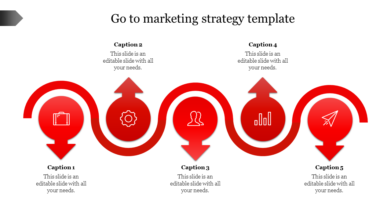 Marketing strategy timeline with five red circular icons connected by a red curved line, showing growth elements.