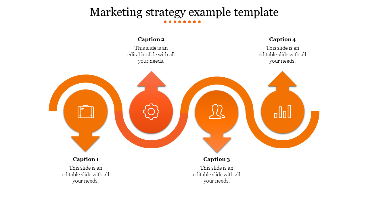 Marketing strategy timeline featuring a wavy orange arrow with four icons connected to  caption areas.