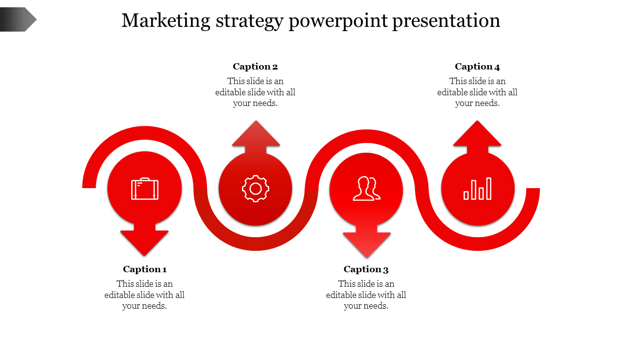 Marketing diagram with red arrows and icons for business tools, gear, people, and analytics in a curved arrangement.