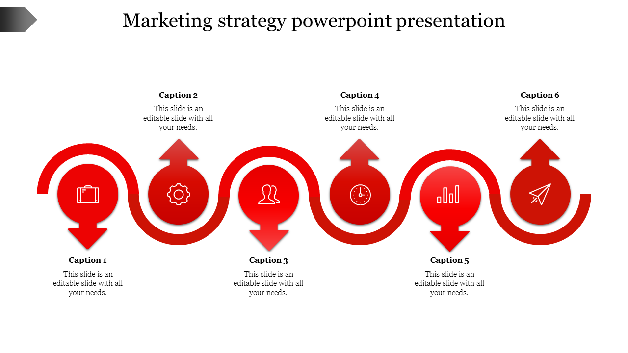 Marketing strategy template featuring a red, wave-like arrow path connecting six icons, with caption areas under each icon. 