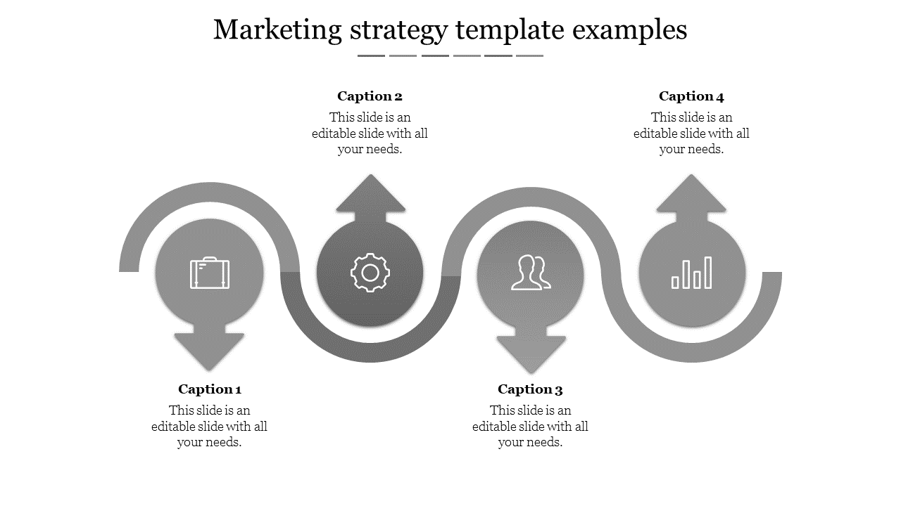 Marketing flowchart with four gray circular arrows connecting business related icons in a curved layout.