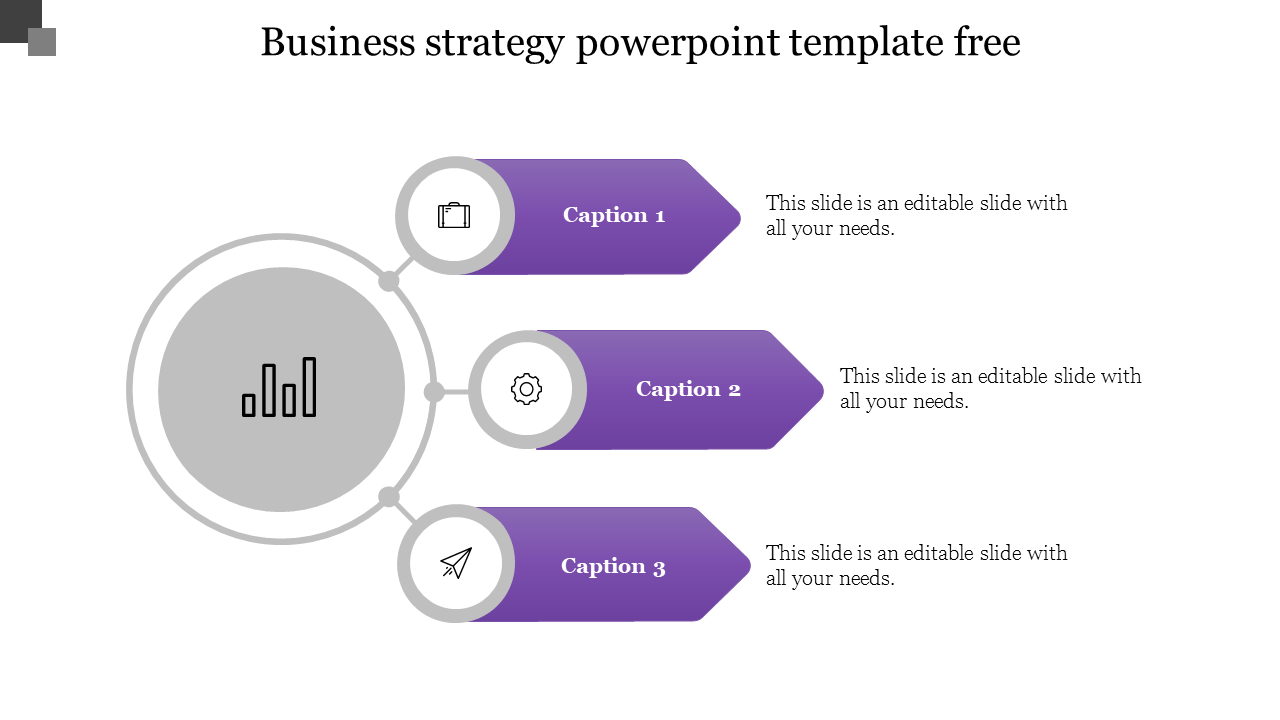 Business strategy PowerPoint template featuring a three step layout with captions and icons connected to a central chart symbol.