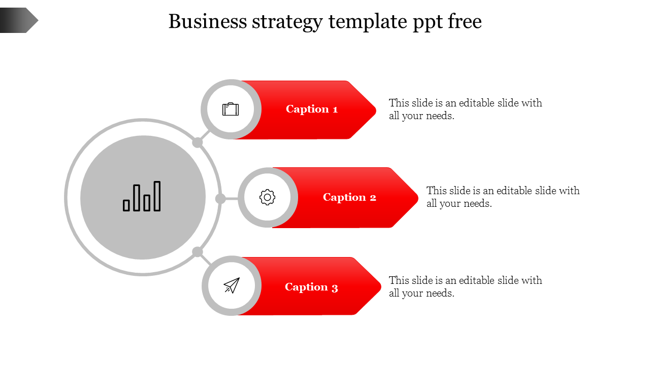 Business planning PPT template featuring a circular diagram with three connected red arrows with icons and captions.