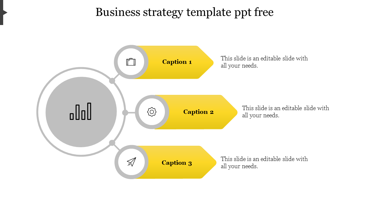 Business strategy slide featuring a bar chart icon branching out to three yellow banners, each with icons for  steps.