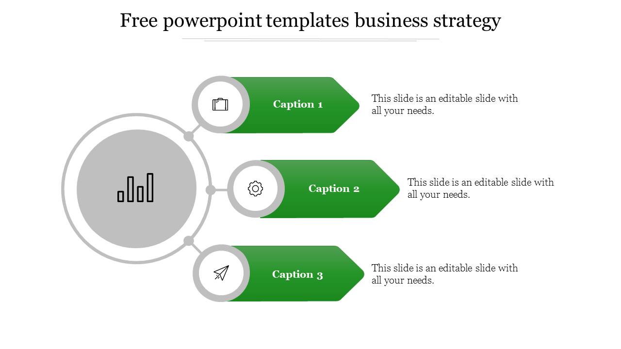 Business strategy template with three green arrow shaped sections linked to a central gray analytics icon.