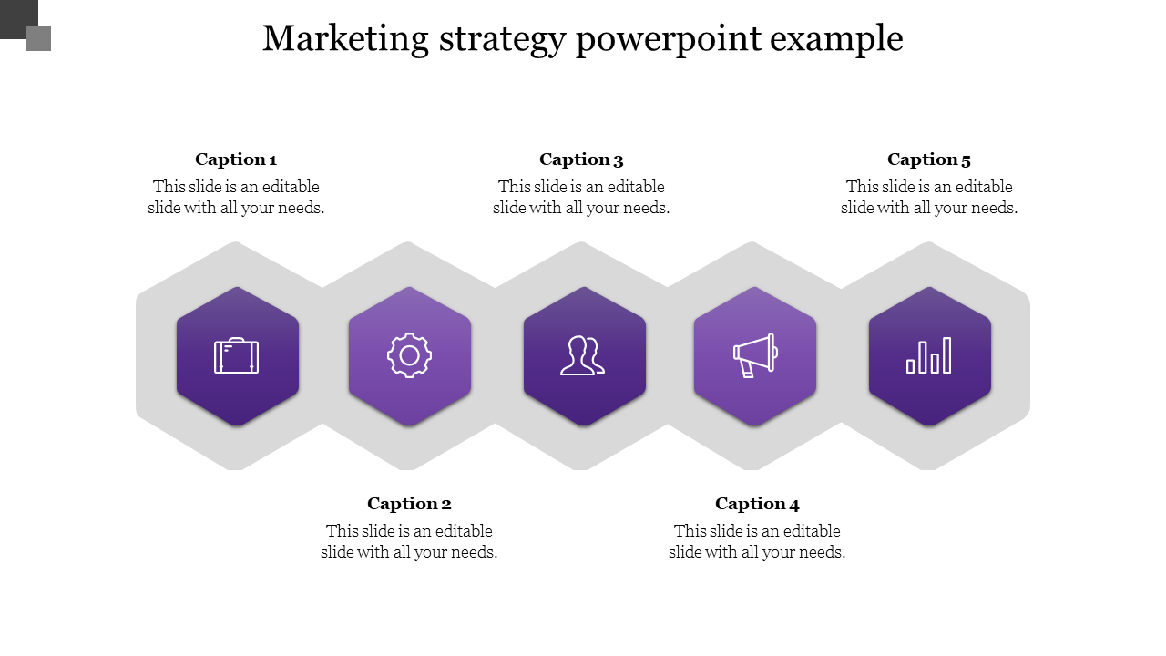 Purple and gray business strategy template with five hexagonal icons, each with an icon and captions on both sides.