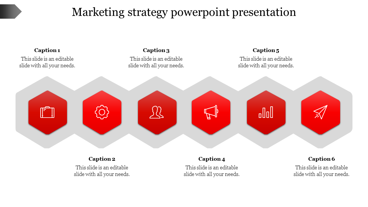 PowerPoint slide displaying a structured marketing strategy workflow in red hexagonal shapes with icons and captions.