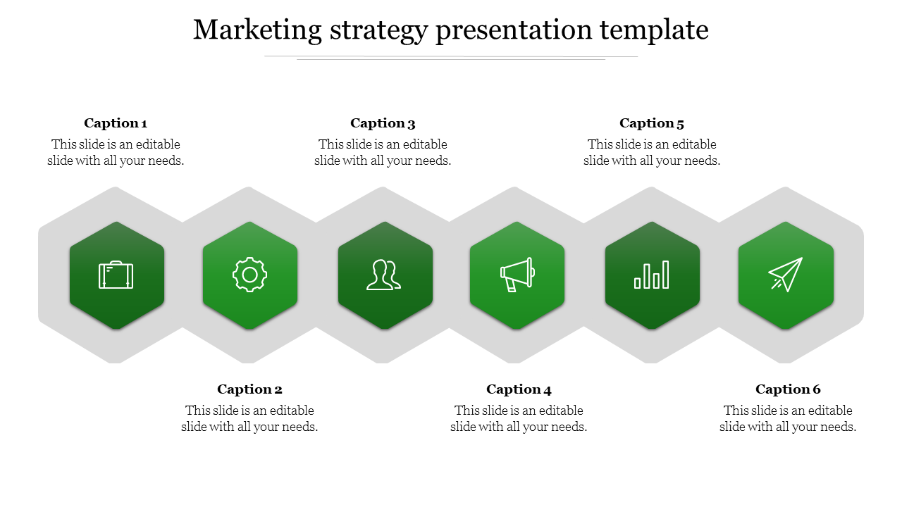 Six hexagonal icons in green, showcasing different aspects of a marketing strategy, connected in a linear layout.