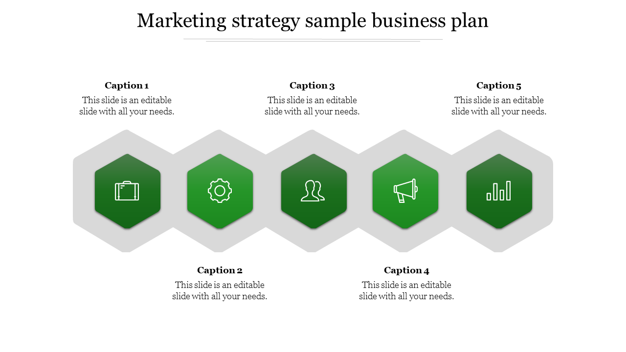 Green hexagonal icons connected in a horizontal chain representing a marketing strategy plan, with captions above and below.