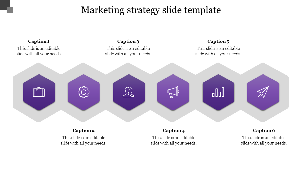 Purple hexagonal icons in a row illustrate a marketing strategy template, with captions for each step.